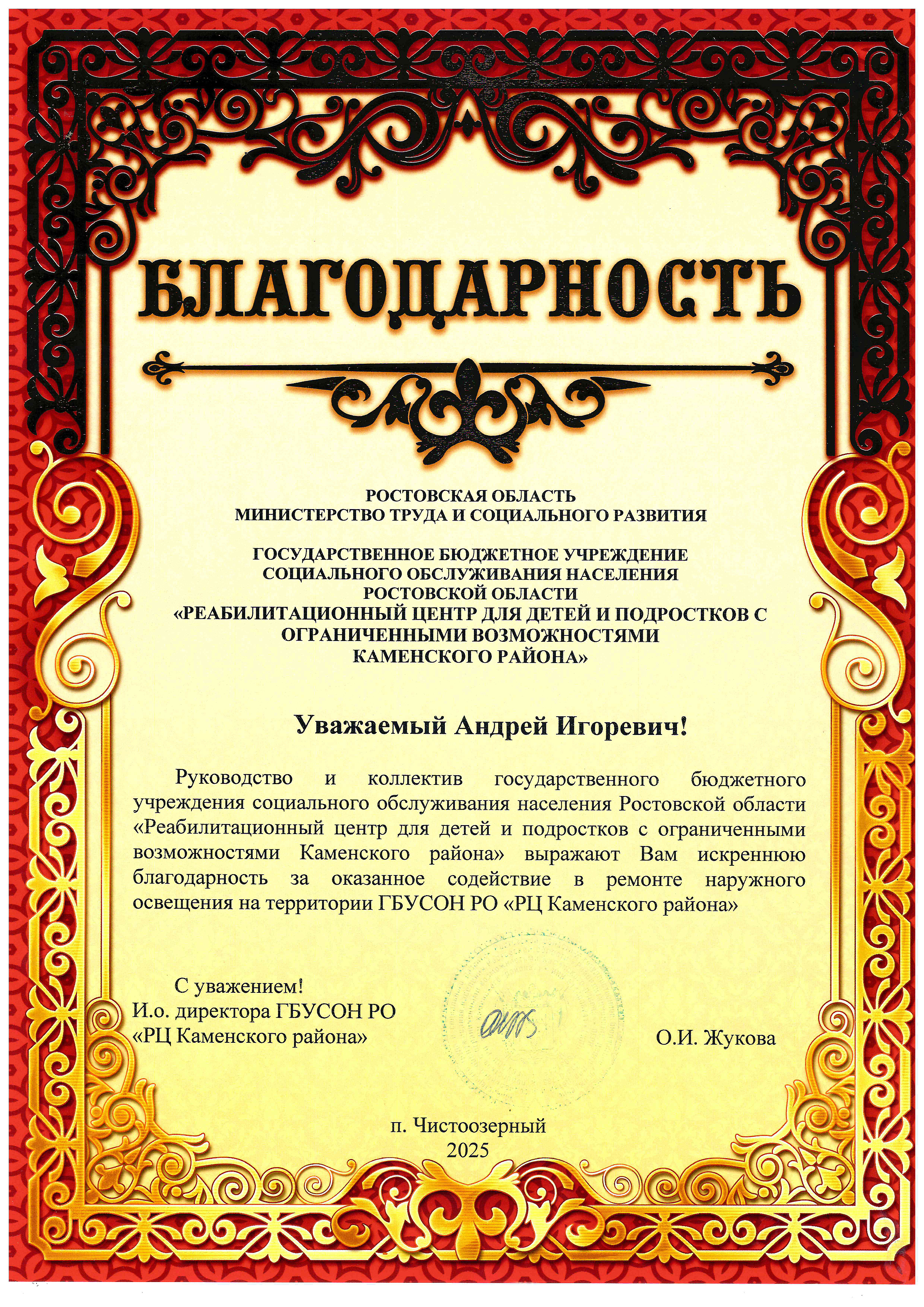 Реабилитационный центр для детей и подростков с ограниченными возможностями Каменского района благодарит АО «Донэнерго»  
